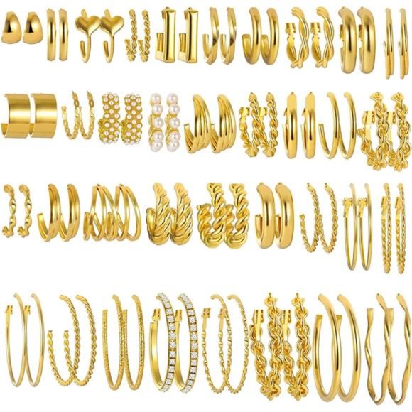 36 Pairs Gold Hoop Earrings Set  Women Girls Multipack Hypoallergenic Chunky - Picture 1 of 7